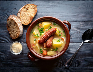 Fototapeta premium coddle with sausages bacon and potatoes served in a ceramic pot with bread slices in dublin