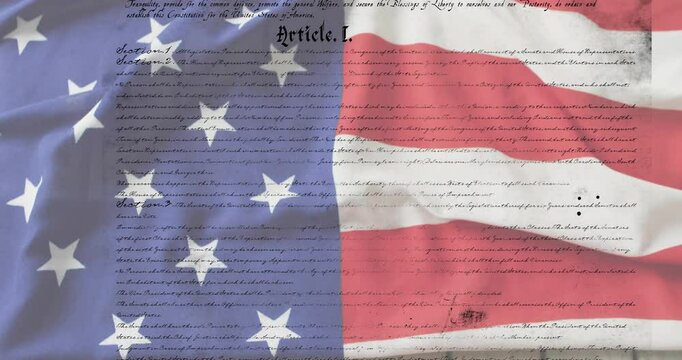 Opening waving American flag with scrolling Constitution text revealing Article I over wooden plank