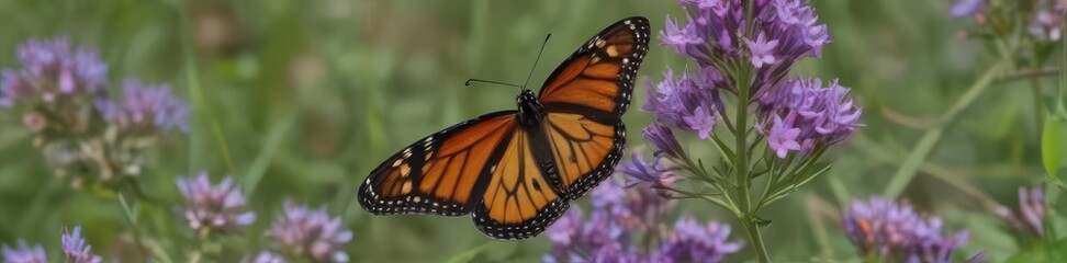 A monarch butterfly rests on vibrant purple wildflowers , antenna, garden, insect