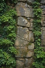 Fototapeta premium Ancient stone, ivy-covered, moss-textured, weathered , ivy, background