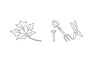 Autumn gardening tools and fallen maple leaf in black and white outline