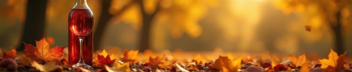 Autumn wine bottle & glass nestled amongst golden leaves , detail, brown, texture