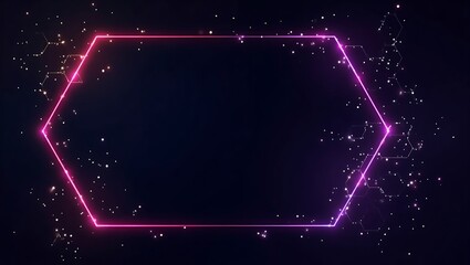 Neon hexagon frame with sparkling stars and connected hexagon patterns background