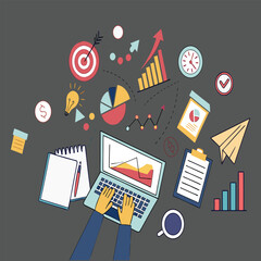 Trendy halftone collage cutout business elements set. Laptop, rising arrow chart, gears, handshake, watch, magnifier. Idea, teamwork, brainstorming and success concept Modern retro vector