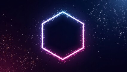 Colorful Hexagon Frame with Sparkling Particles on Dark Space Background, Modern Abstract Design