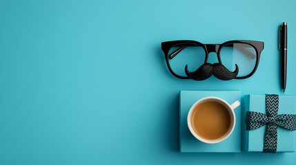 All accessories of Father's day concepts isolated on blue background which top view.