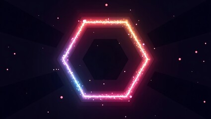 Colorful hexagon frame with glowing particles on dark background illustration
