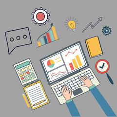 Trendy halftone collage cutout business elements set. Laptop, rising arrow chart, gears, handshake, watch, magnifier. Idea, teamwork, brainstorming and success concept Modern retro vector
