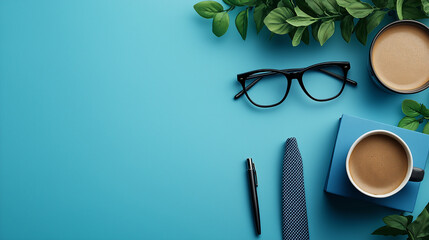 All accessories of Father's day concepts isolated on blue background which top view.