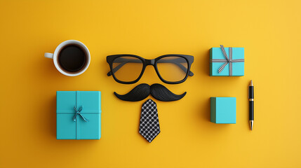 All accessories of Father's day concepts isolated on blue background which top view.