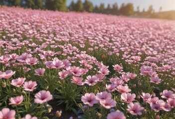 Obraz premium Soft pink flower field, sunlit, gentle breeze, beauty, sunlit field, delicate flowers