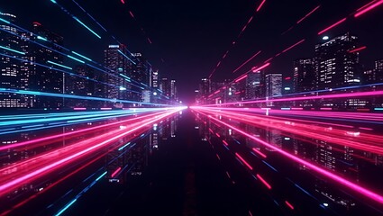 Neon cityscape with light trails depicting the flow of urban life at night
