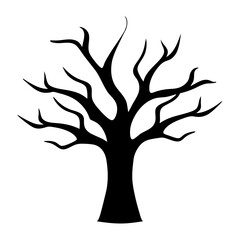 Silhouette of a bare tree with stark branches against a white background