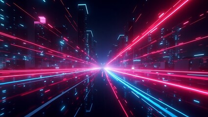 Futuristic cityscape with vibrant neon lights and a glowing central horizon point