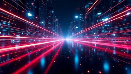 Futuristic cityscape with vibrant neon lights and high-speed data streams