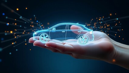 Futuristic car design on human hand with digital connection network concept