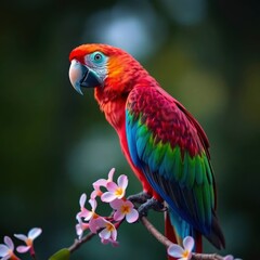 Fototapeta premium Scarlet Macaw Perched on Plumeria Branch: Vibrant Tropical Beauty