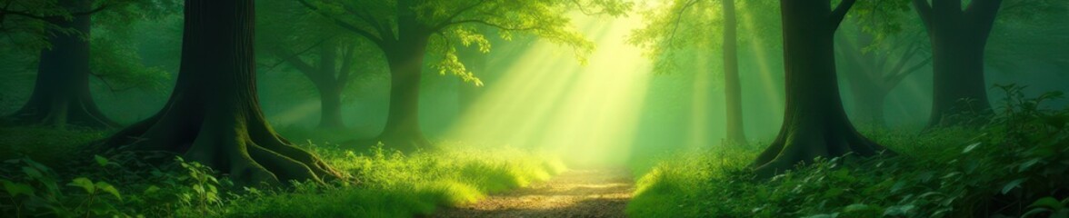 Fototapeta premium Sunbeams pierce ethereal mist in a mystical green forest, illuminating a sunlit path , sunlight, foliage
