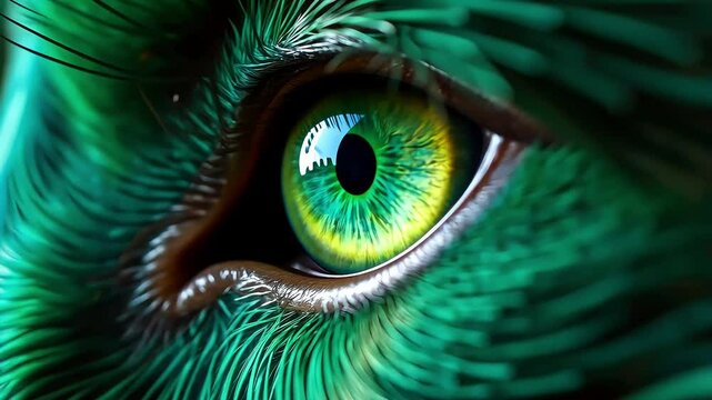 Beautiful eye of animal with green fur, macro. A predator watches its prey, wildlife beauty concept, fur texture