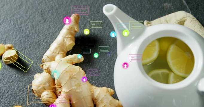 Neon avatars fading in above ginger root floating toward lemon teapot visualizing online chat flow