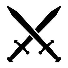 Two crossed medieval swords silhouette isolated on white background, symbol of combat