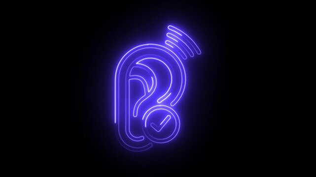 Neon ear symbol with sound waves and check mark hearing test concept