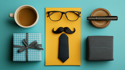 All accessories of Father's day concepts isolated on blue background which top view.