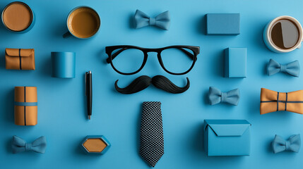 All accessories of Father's day concepts isolated on blue background which top view.