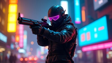 Futuristic soldier aiming a gun in a cyberpunk urban environment at night