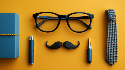 All accessories of Father's day concepts isolated on blue background which top view.