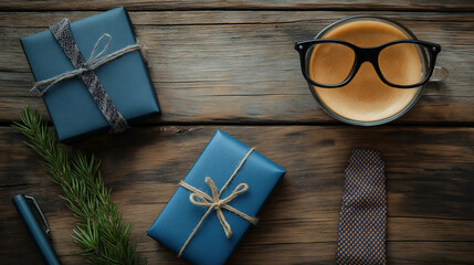 All accessories of Father's day concepts isolated on blue background which top view.