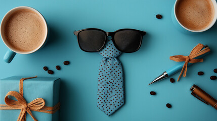 All accessories of Father's day concepts isolated on blue background which top view.