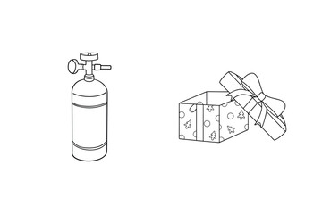 Oxygen tank and christmas gift box outline illustration on a white background