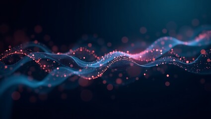 Abstract glowing wave pattern with bokeh effect on a dark blue background