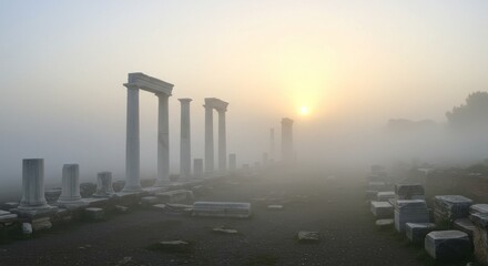 Ancient Columns in the Fog, Laodicea Turkey, Dramatic Light, Photo