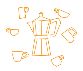 Italian coffee maker surrounded by several coffee cups of different shapes, line art illutration