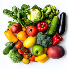 Fresh Vegetables and Fruits Isolated on White Background 