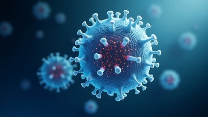 Detailed 3D rendering of coronavirus virions with spike proteins on a blue background
