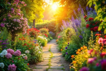 Fototapeta premium Serene Garden Pathway: Blooming Flowers, Tranquil Nature Photography