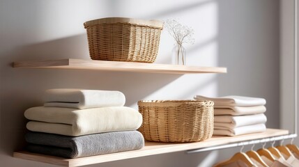 Fototapeta premium Home Organization, Closet Storage, Decluttering. Minimalist Scandinavian style with folded textiles, baskets, and dry flower decoration on shelves.
