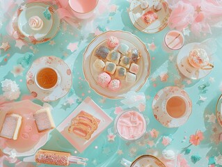 A breakfast table with sushi dipped in milkshake, glitter toast, and floating teacups, surreal culinary still life, overhead shot, pastel tones, artful chaos