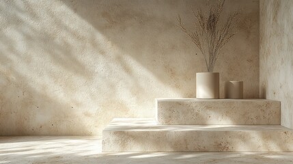 Beige stone steps, sunlight, minimalist display