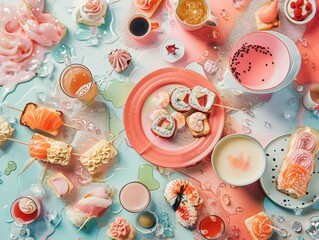 A breakfast table with sushi dipped in milkshake, glitter toast, and floating teacups, surreal culinary still life, overhead shot, pastel tones, artful chaos