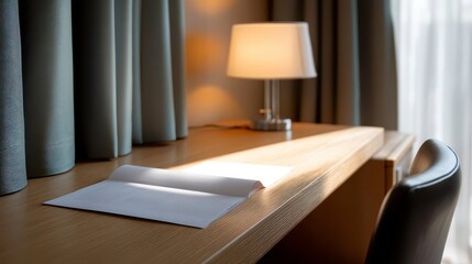 Hotel Room Desk with Open Book, Interior Design, Travel Accommodation