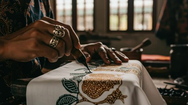 Artisan crafts intricate patterns on fabric in a bright, creative workshop