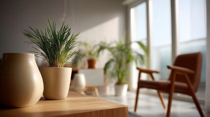 Fototapeta premium Interior Design, Houseplant, Minimalist Style. Modern room with houseplants, natural light, furniture and wooden table.