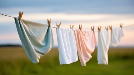 Laundry Line, Fresh Clothes, Sustainable Living Concept. Colorful Laundry Hanging Outdoors in Summer at Sunset.