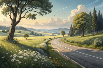 Obraz premium Scenic Country Road Winding Through Lush Green Landscape