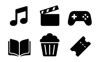 A collection of black and white icons representing diverse entertainment options for everyone.
