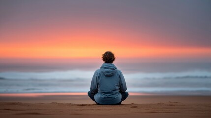 Mindfulness Meditation at Sunset: Person on Beach, Calm and Peaceful Ocean View